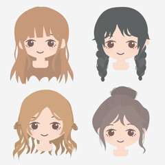 female anime hair icons, in the style of japanese-inspired, light gray and light brown, the pictures generation, simple, quito school, wavy, folkloric