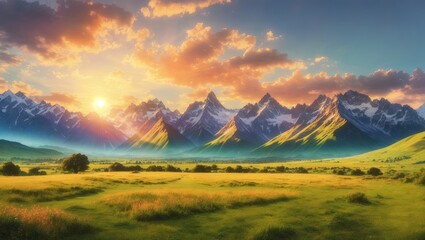 "Mountain Majesty in Grassland Panorama"