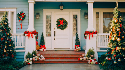 Fototapeta na wymiar House door and entrance in a Californian setting are adorned with festive Christmas decorations