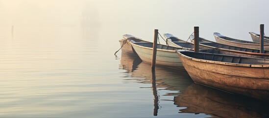 Rowboats tied to poles on the lakeshore on a foggy morning, serene water view, copy space, focused...