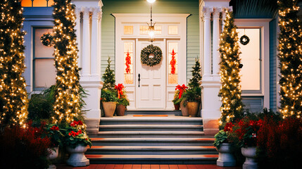 Fototapeta na wymiar House door and entrance in a Californian setting are adorned with festive Christmas decorations