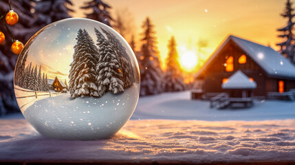 Frozen transparent glass Christmas ball with bright reflections from a snow-covered cottage and a winter forest.