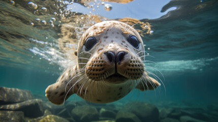Close-up of a baby harbor seal pup underwater - obrazy, fototapety, plakaty