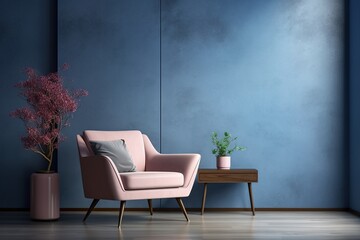 Modern living room with pink sofa, blue walls, wooden floor and vase. Created with Ai