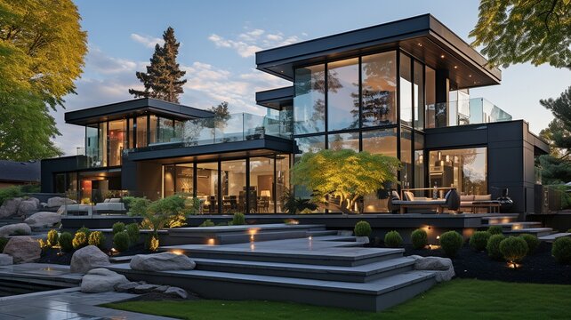 Architectural image: well-kept grass, glass, black, grey, and white paint on the outside of a modern mansion-style residence with sculptures. Stylish, neat, modern, and tidy..