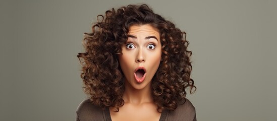 Surprised young woman with curly hair, expressing skepticism and sarcasm with her open mouth - obrazy, fototapety, plakaty