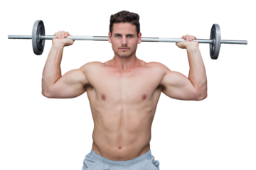 Digital png photo of happy caucasian muscular man lifting barbell on transparent background