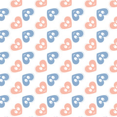 Digital png illustration of blue and pink smiley hearts repeated on transparent background
