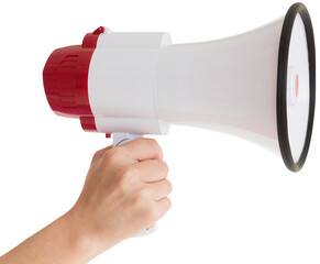 Digital png photo of caucasian woman's hand holding megaphone on transparent background