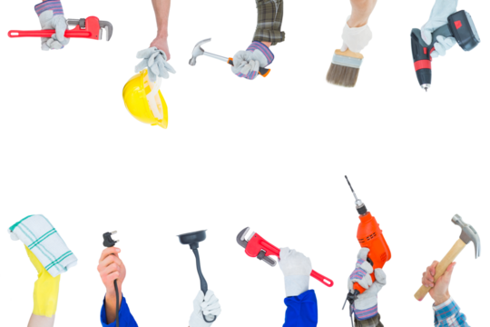 Digital png photo of hands holding work tools on transparent background