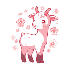 Obraz na płótnie Canvas Cute cartoon baby goat on a floral background. Vector illustration.