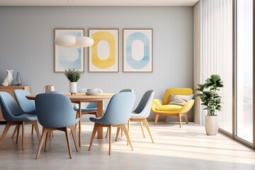 Dining room interior design with three posters, armchair, blue chairs and table. Created with Ai