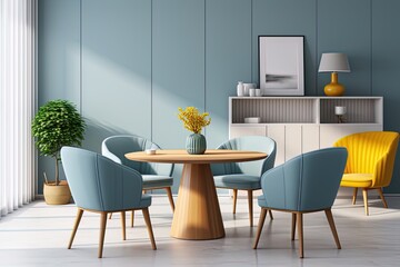 Dining room interior design with blue walls, round wooden table, chair and poster. Created with Ai