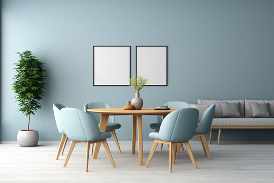 Modern dining room with blue walls, two posters, sofa, chair and table. Created with Ai