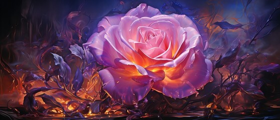 weird oil painting depicting a purple-glowing rose.. - obrazy, fototapety, plakaty