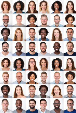 Many Headshots of a smiling men and women of all ages on a white background looking at the camera