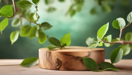 wood podium with green leaves for organic health products placement display mokcup.