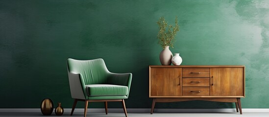 Trendy living room with wooden commode, Scandinavian sofa, and emerald armchair. - obrazy, fototapety, plakaty