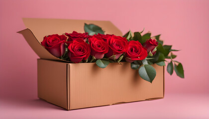  red roses in a cardboard delivery box on a pastel pink background