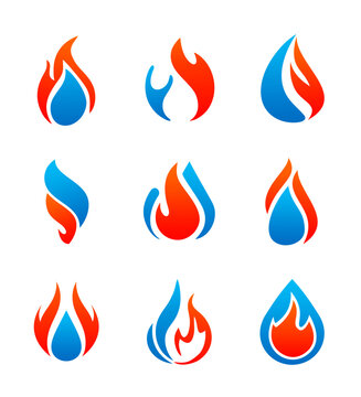 Fire and Water icon logo set collection isolated
