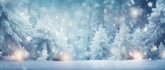 Enchanted winter landscape with sparkling snowflakes and frosty trees. Seasonal background.