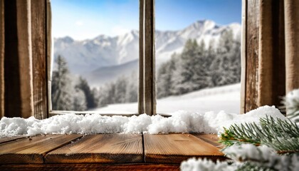 Wooden desk cover of snow and frost with christmas tree branch decoration photo.