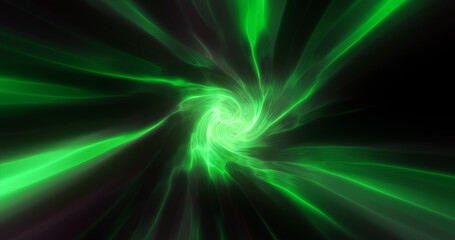 Green hypertunnel spinning speed space tunnel made of twisted swirling energy magic glowing light lines abstract background
