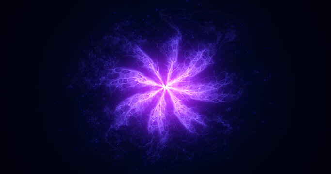 Abstract glowing purple futuristic energy dust with waves of magical energy particles on a dark blue background