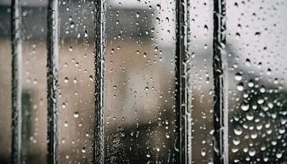 Closeup through window of rainy day with water dripping down glass