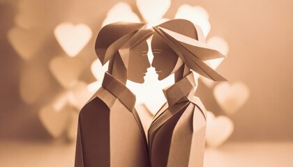  a couple, valentine concept, paper origami cool colors backlighting.