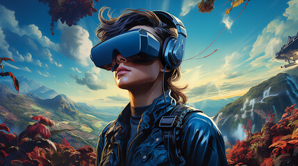 a beautiful woman is wearing a virtal head worn headset, in the style of sci-fi landscapes, cartoon...