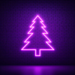 árbol de navidad de neón violeta sobre un muro de ladrillos
