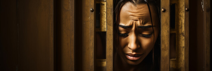 The woman's miserable, sad face inside the wooden door creates a feeling of loneliness and sadness