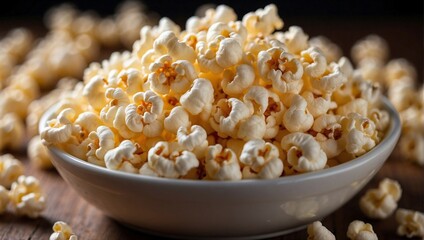 A Bowl of Joy: Overflowing Dish of Fresh, Fluffy Popcorn. Generative AI