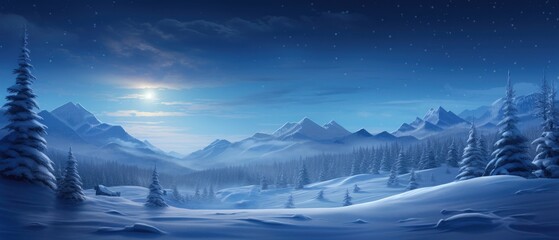 Serene winter landscape at night with snow-covered trees and mountains. Peaceful nature and season.