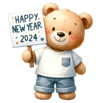 Cute teddy bear holding a placard with text happy new year 2024 isolated background