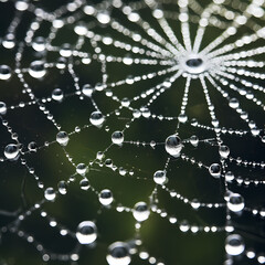 A close-up of raindrops on a spiderweb in the early morning.
