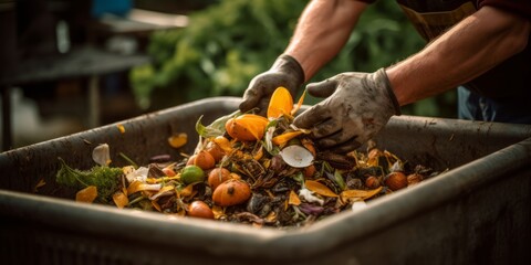 Hands composting kitchen scraps in a bin