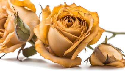 dried yellow roses on a white background