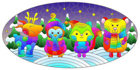Naklejka premium An illustration in the style of a stained glass window on the theme of New Year holidays , cute animals on the background of a winter night landscape