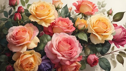 "Watercolor Roses and Leaves: Digital Rendering