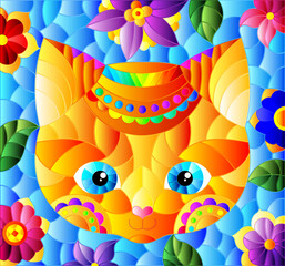Fototapeta na wymiar Stained glass illustration with the face of a funny cartoon kitten and flowers on a blue background