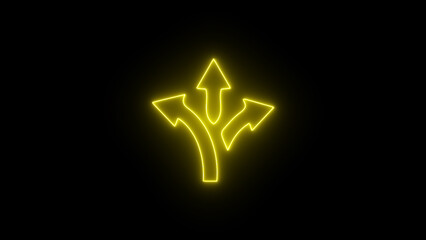 Obraz premium yellow color arrow points to the left, right, up. Flashing neon icon to the three-way arrow. glowing neon arrow sign.