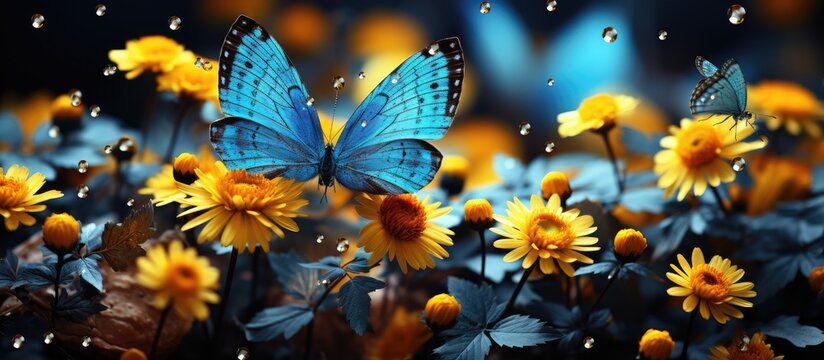 Blue butterflies suck nectar and pollinate sunflowers
