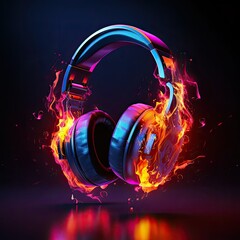 Fototapeta na wymiar Glowing stereo headphones explode light effect on colorful background, sparkles and glitter
