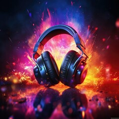 Fototapeta na wymiar Glowing stereo headphones explode light effect on colorful background, sparkles and glitter