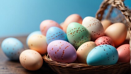 Naklejka na ściany i meble Colorful easter eggs on wicker basket. Generative AI