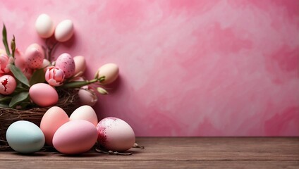 Easter eggs with a pink isolated background with copy space. Generative AI