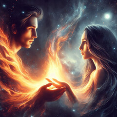 Twin flame couple. Soulmates. The concept of magical, esoteric, tantric, spiritual love. Connection between souls. Illustration for websites and much more. Created using generative ai tools. - obrazy, fototapety, plakaty