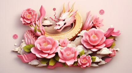 Chinese new year, Year of Dragon,lunar new year, blue dragon ,golden dragon,festival,red peony, pink peony, lanterns, chinese lanterns, lamp, moon,Greeting card,white background,space for your text